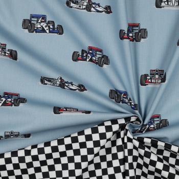 Preview: Baumwolle Popeline Rennwagen auf Graublau